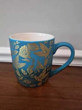 Dwell Studio Teal Ombre With Gold Hummingbird And Flowers 14oz Coffee Mug